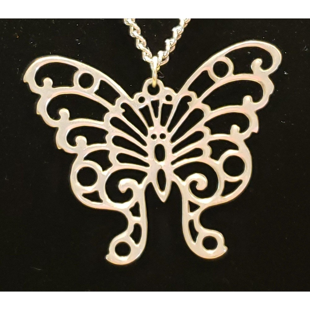 Vintage Reed and Barton Pewter Filigree Butterfly Necklace w/Silver Color Chain